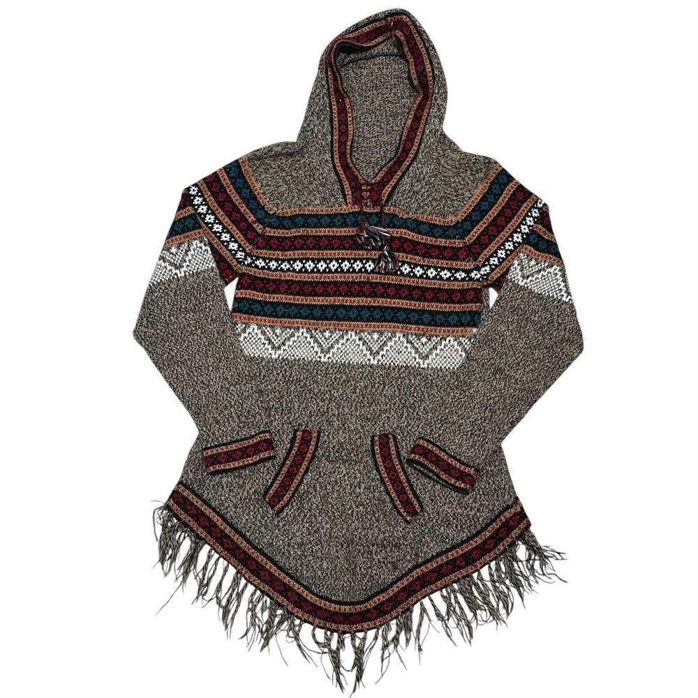 Artesania "EDM" Women's Alpaca Wool Fringe Hem Hooded Sweater With Pockets SizeL